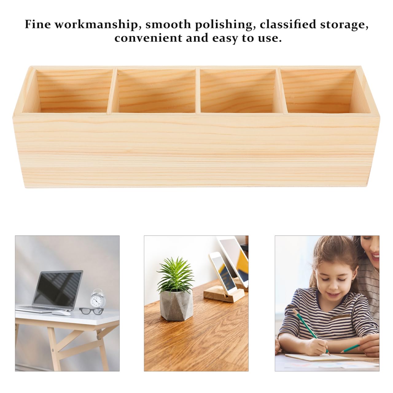 EXCEART Portalápices de madera para escritorio, soporte de control remoto, almacenamiento de escritorio con 4 compartimentos, organizador de escritorio multifuncional para bolígrafos, lápices,