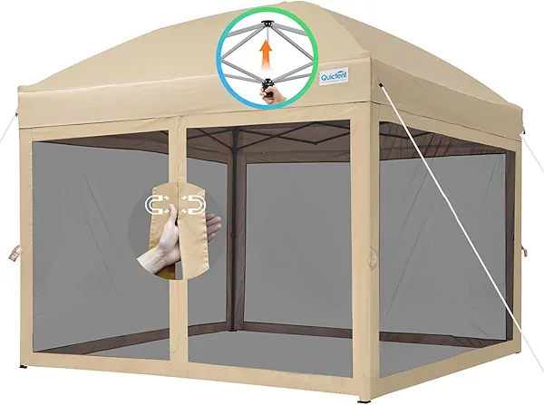 Quictent 10’x10’ Pop up Canopy Tent with Netting, One Person Instant Setup Screen House Room Tent Screened- 2 Magnetic Doors Waterproof (Tan)