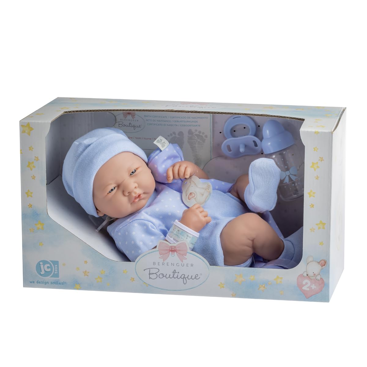 JC Toys - mod. 102-18540 – Bambolotto neonato, con corpo in gomma ed abito blu a pois, lunghezza: 36 cm