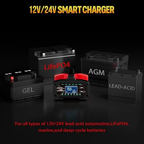 Miniatura 7 de YONHAN Cargador de batería de 15 A, cargador de batería de automóvil de corriente ajustable, cargador de plomo LiFePO4 de 12 V24 V, desulfatador con