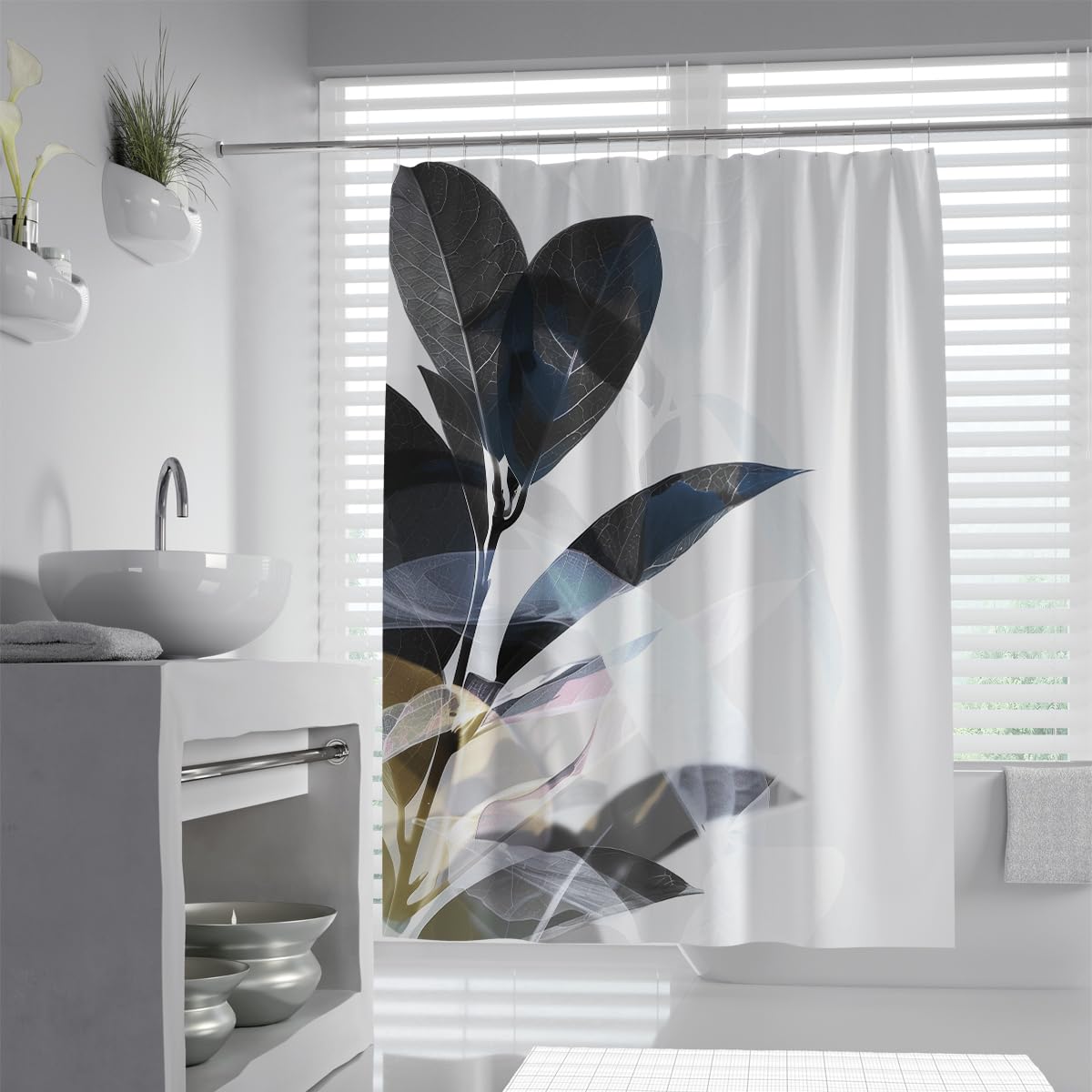 UIRINGART Minimalist Bathroom Curtains W150xL200cm Black Blue Plant Leaves Nature Pattern Mildew Mould Resistant Polyester Fabric Bathroom Wet Room Tub