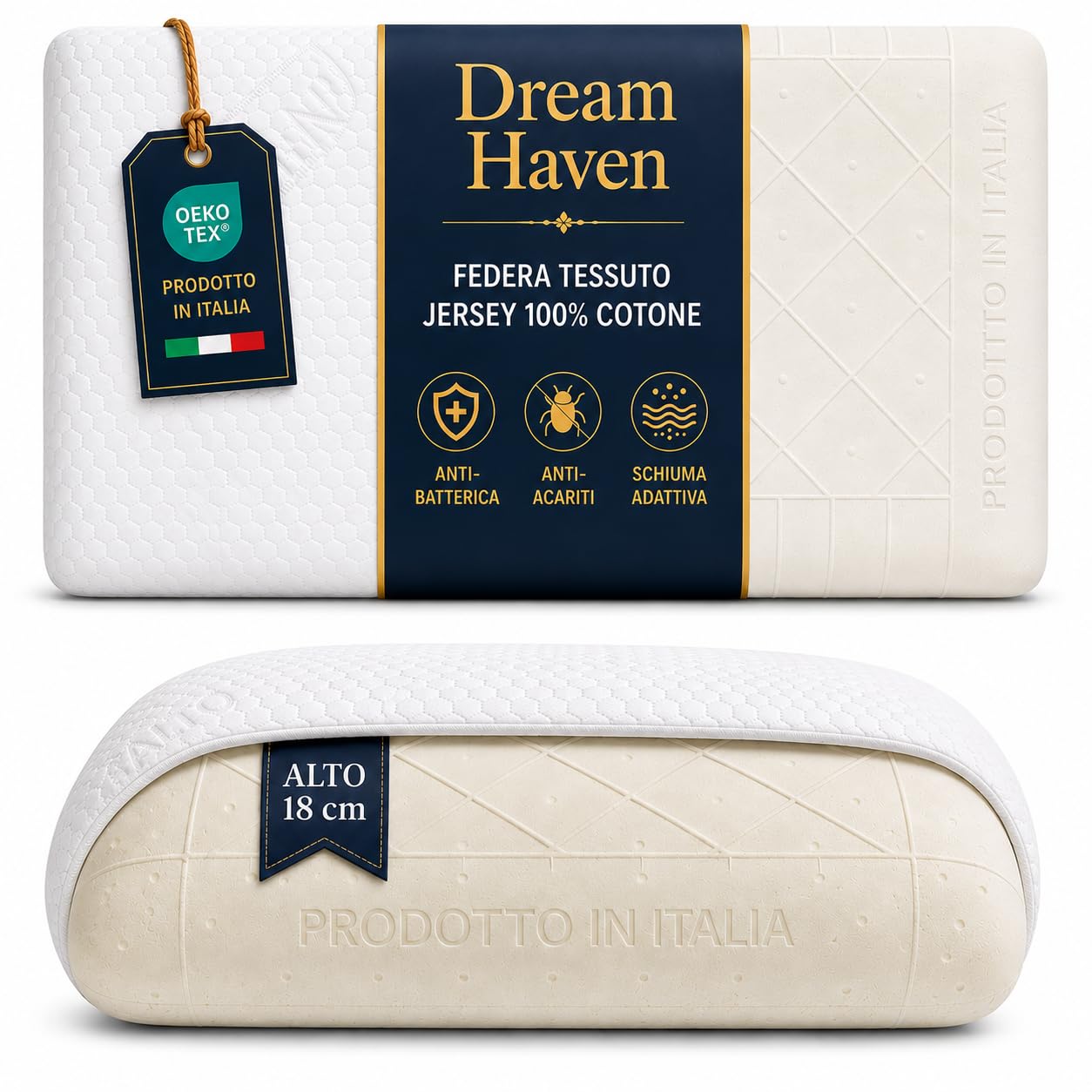 DREAM HAVEN Cuscino Alto 18 cm in Memory Foam, Antirussamento e Antireflusso, Cuscino Cervicale per Dormire con Federa Refresh Antiacaro e Anallergica, Cuscino Letto Ergonomico Made in Italy (1)