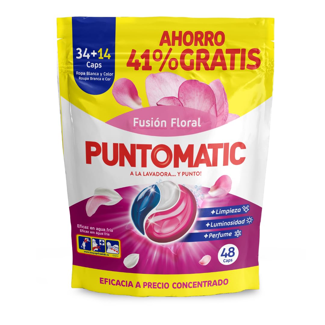 PUNTOMATIC | Cápsulas Tricámara Floral | Detergente Lavadora para Ropa Blanca y de Color | Quitamanchas | 34+14 (48) lavados, 4 Unidades 192 Lavados (192)