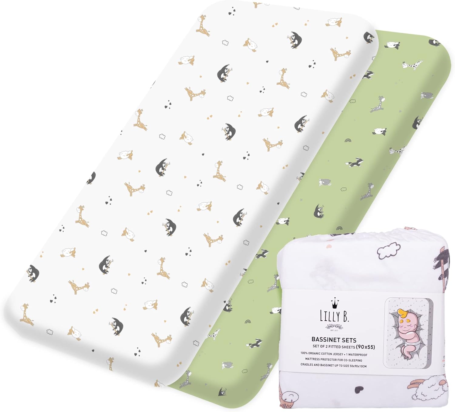 Lilly B. Organic Cotton GOTS, 2 90x50 Crib Sheets, Compatible Next2me, Snuzpod and All Bedside