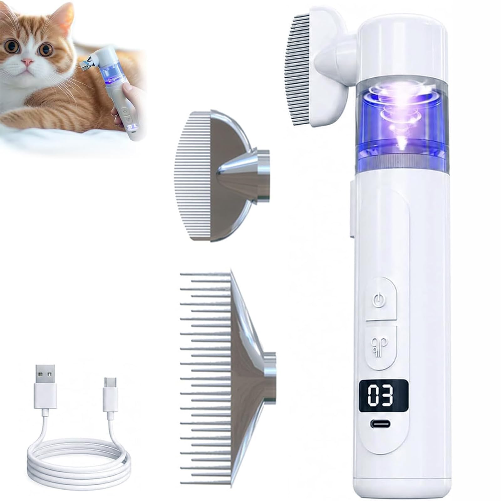 Electric Flea Comb for Cats & Dogs, 2 in 1 Pet Combs with Detangling Comb & Blue Light, Rechargeable Vacuum Flea Remover Comb with Fine Teeth for Pet Hair Care