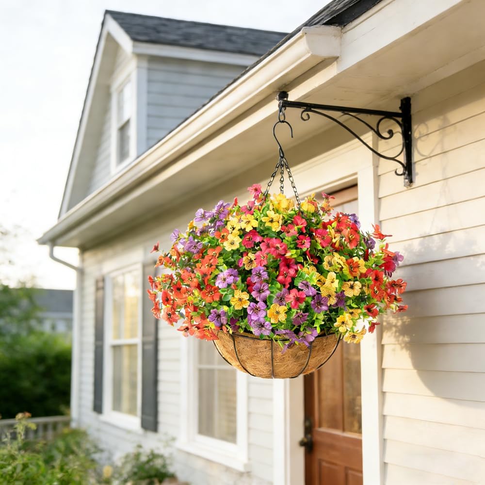 Jasion Artificial Hanging Flower Basket for Outdoors UV Resistant Faux Silk Spring Flowers Eucalyptus in Planter Realistic for Porch Patio Balcony Garden Home Decor