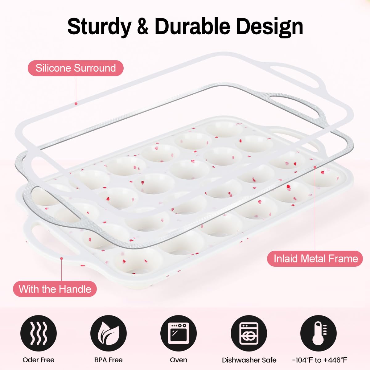 24-Cup Mini Size NonStick Silicone Muffin Pan for Baking with Metal Reinforced Frame BPA Free Silicone Mini Cupcake Pan for Oven Dishwasher Safe