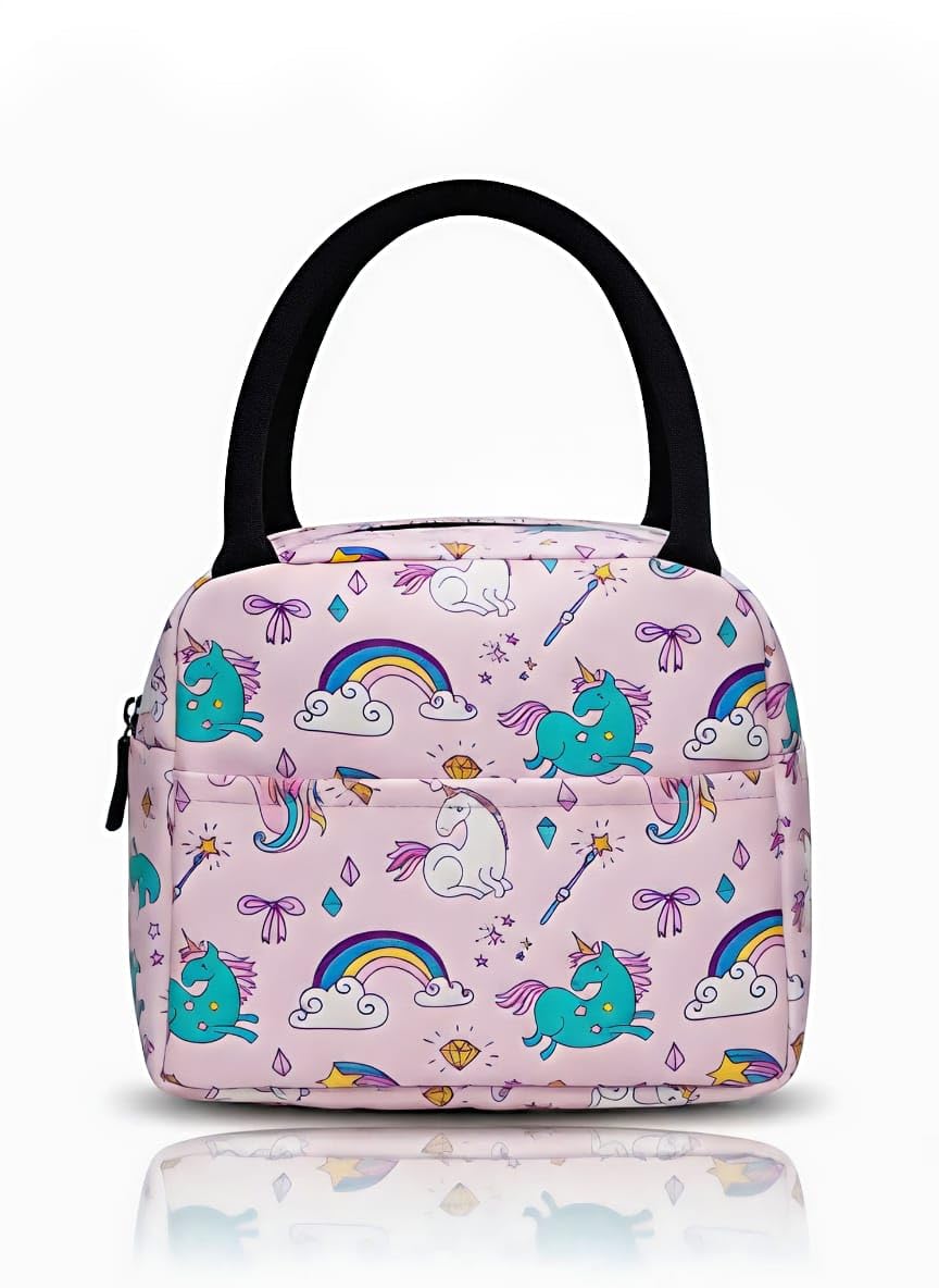 Kids Unicorn Insulated Lunch Bag with Zipper, Pink | Rainbow Print, Girls School Bag, Top Handle, Thermal Insulation, Front Pocket-picture-10