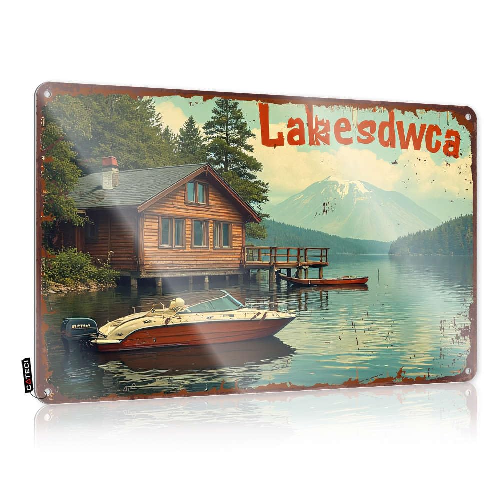 Fzfn Colour Teenage, Tin Sign Workshop Soft Area Lakeside Cabin With Boat On Calm Lake. | Rustic Nostalgic Wall Art(20X30cm)
