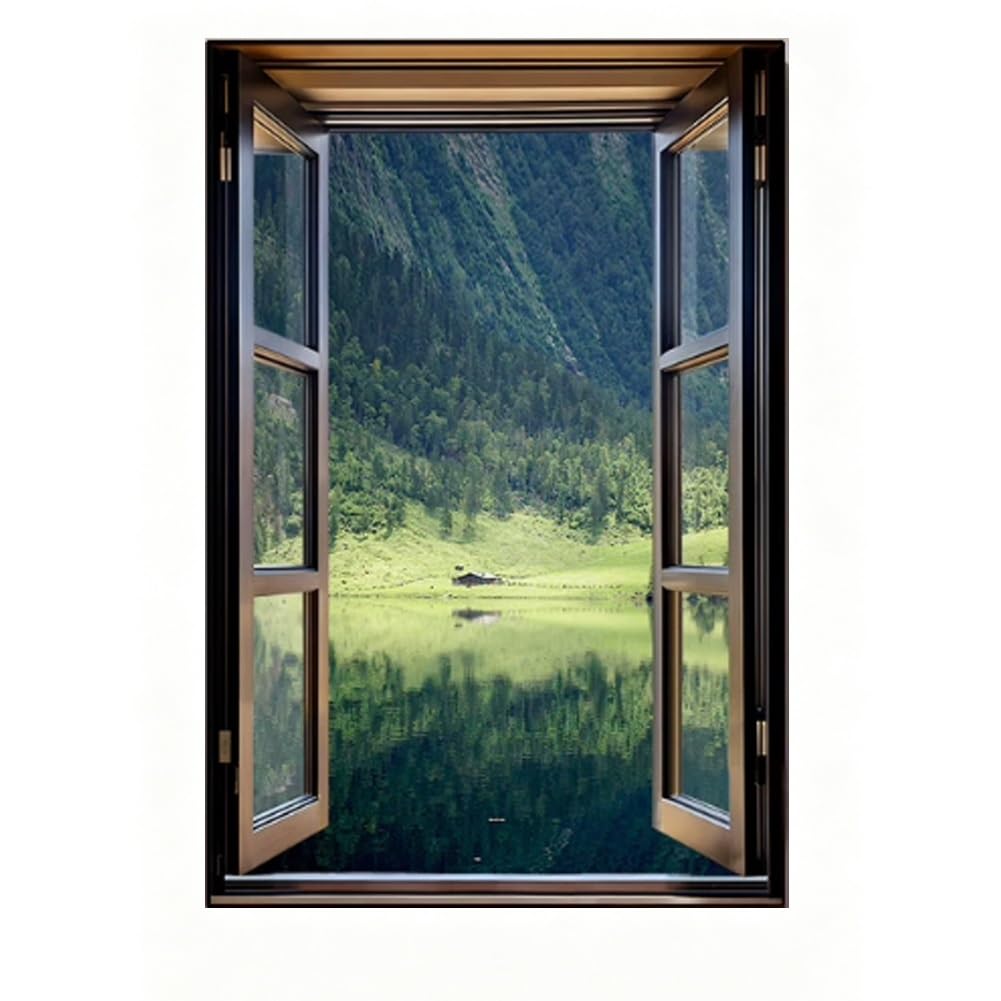 GZHERVICES Faux Window Mountain View Wall Art, Fake Window Frame View Of Sunlight Over The Hill Landscape，3D Realistic Scenic Landscape Canvas Print For Living Room Bedroom Home Decor(G,90x130 cm)