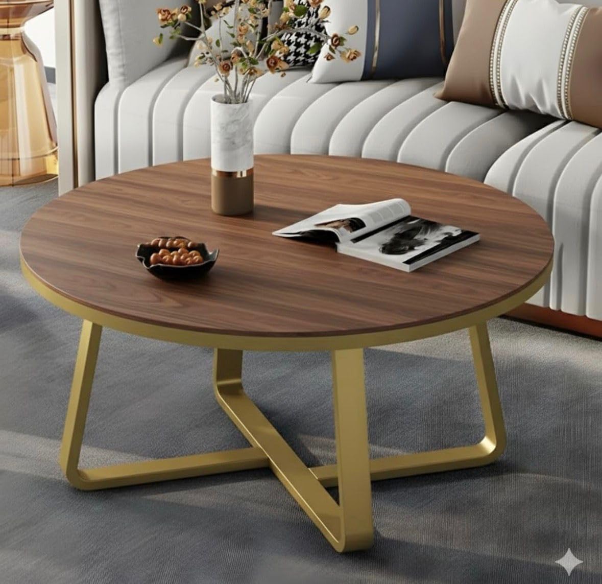 Modern Round Wooden Coffee Table | MDF Wood Finish Top | Gold Metal Base | Minimalist Centre Furniture Accent Piece for Living Room Bedroom Lounge Office Apartment Home Decor-image-22