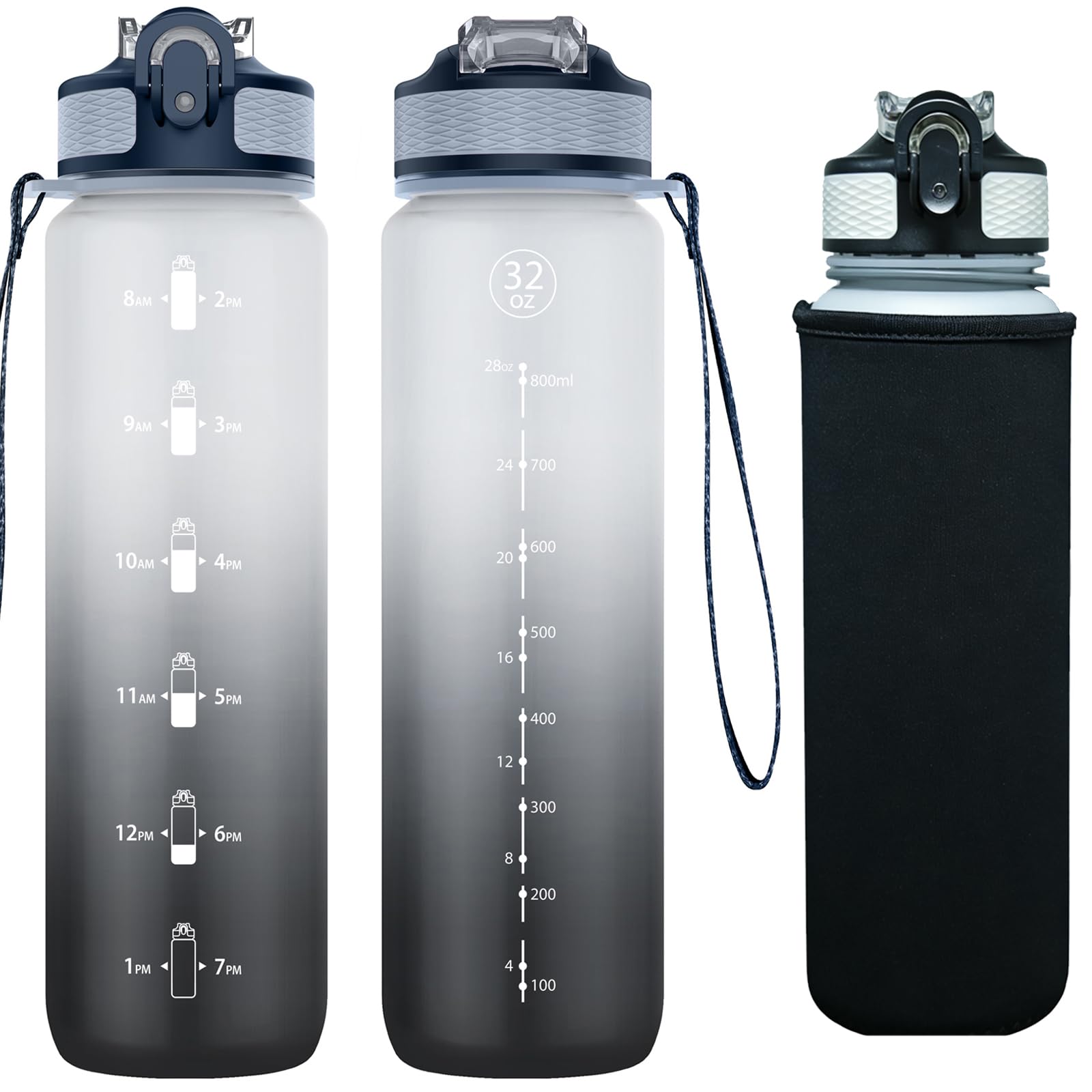 NAVTUE Trinkflasche, 1L Sport-Wasserflasche mit Strohhalm, Zeitmarkierungen, auslaufsicher, BPA-freiTritan, Wasserflasche für Schule Radfahren Laufen (1 Flasche)