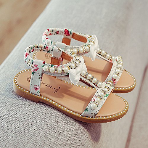 White Sandals for Girls Kids Baby Girls Sandals Bowknot Pearl Crystal Roman Sandals Princess Shoes (White, 21)3
