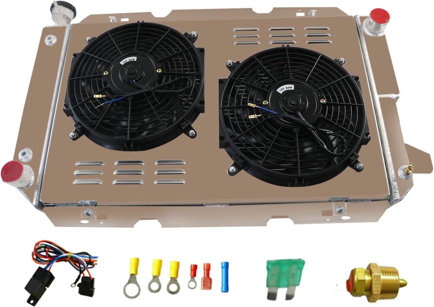 Aluminum Radiator for 1985-1997 Ford Bronco F250 F350 F150 F Super Duty F53 V8 5.0L 5.8L 7.3L Pickup 3 Row Radiator Shroud Fan Thermostat Relay Kit Radiators