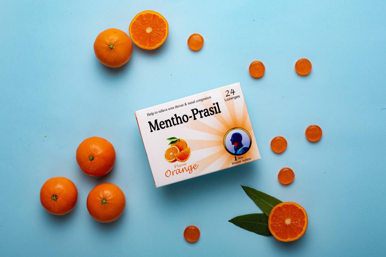 Mentho Prasil Orange Flavour Tablet | Soothing | Relief from Sore Throat & Nasal Congestion | LOZENGES | 24 Lozenges (Pack of 10)-image-8