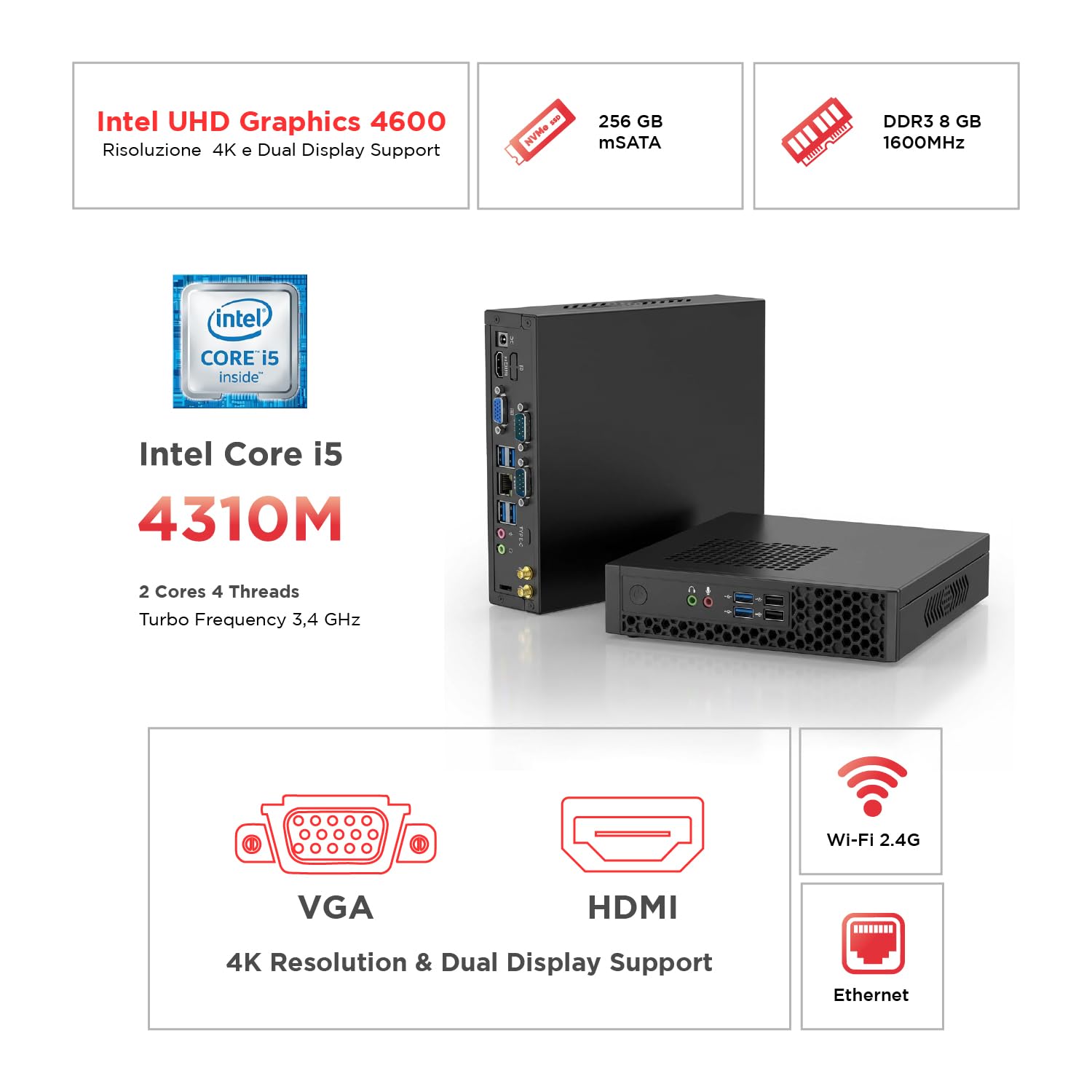 Nuwo Mini PC Computer i5 Tiny Micro 2.7GHz, Ram 8GB, SSD 256GB, WiFi, Ethernet, HDMI, VGA, Windows 10 Pro