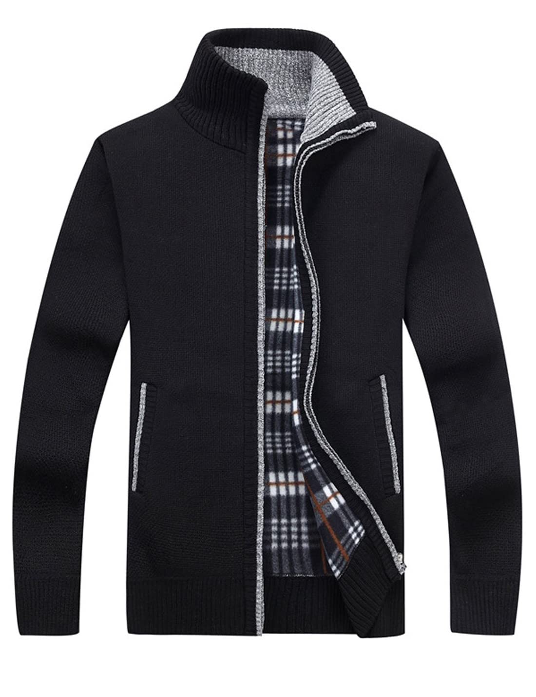 Sukany Men's Casual Stand Collar Cardigans Slim Fit Full Zip Thick Knit Sweaters with Pockets Black M