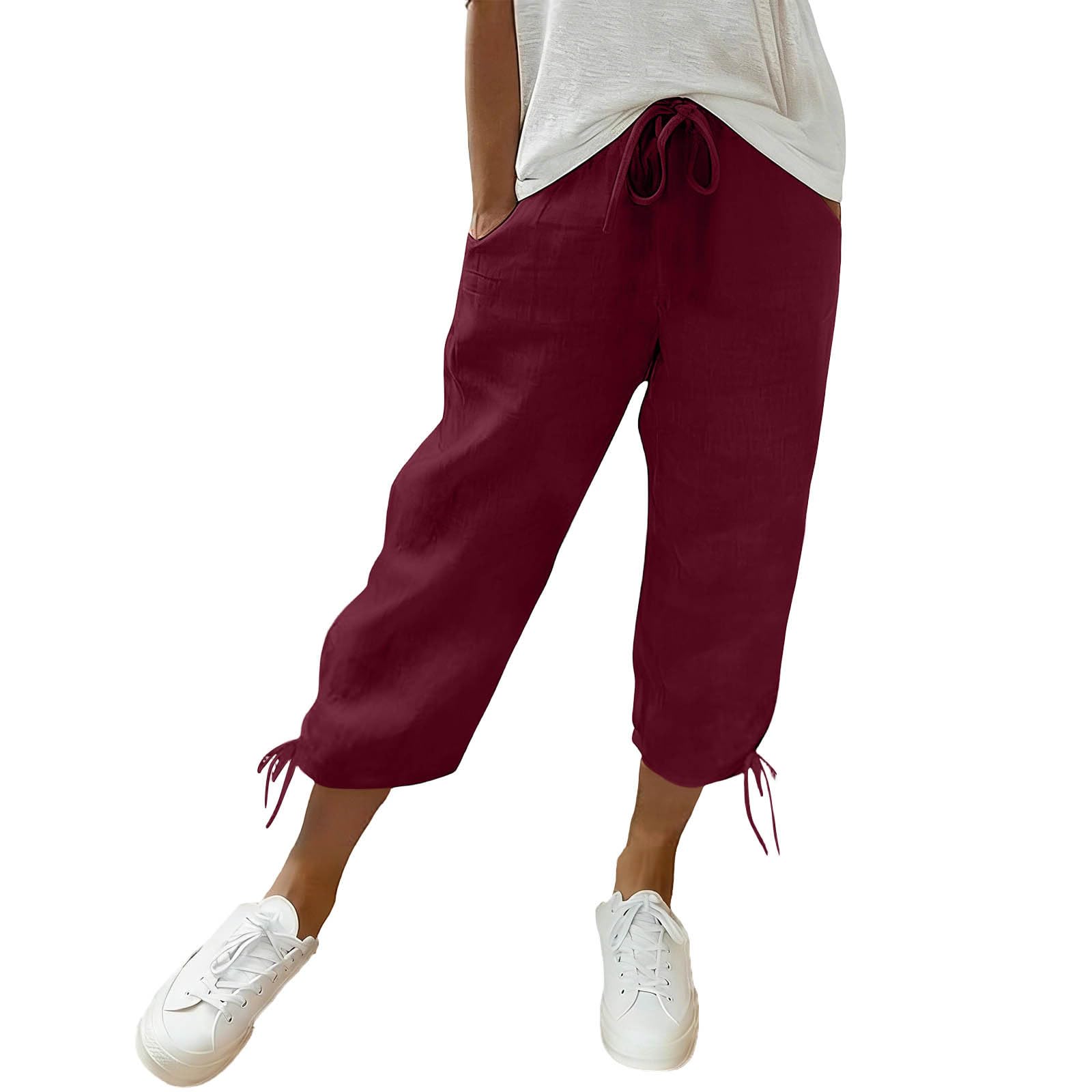 Women's Cotton Linen Capri Pants Elastic Waist Drawstring Casual Loose Summer Lightweight Cropped Trousers Comfy