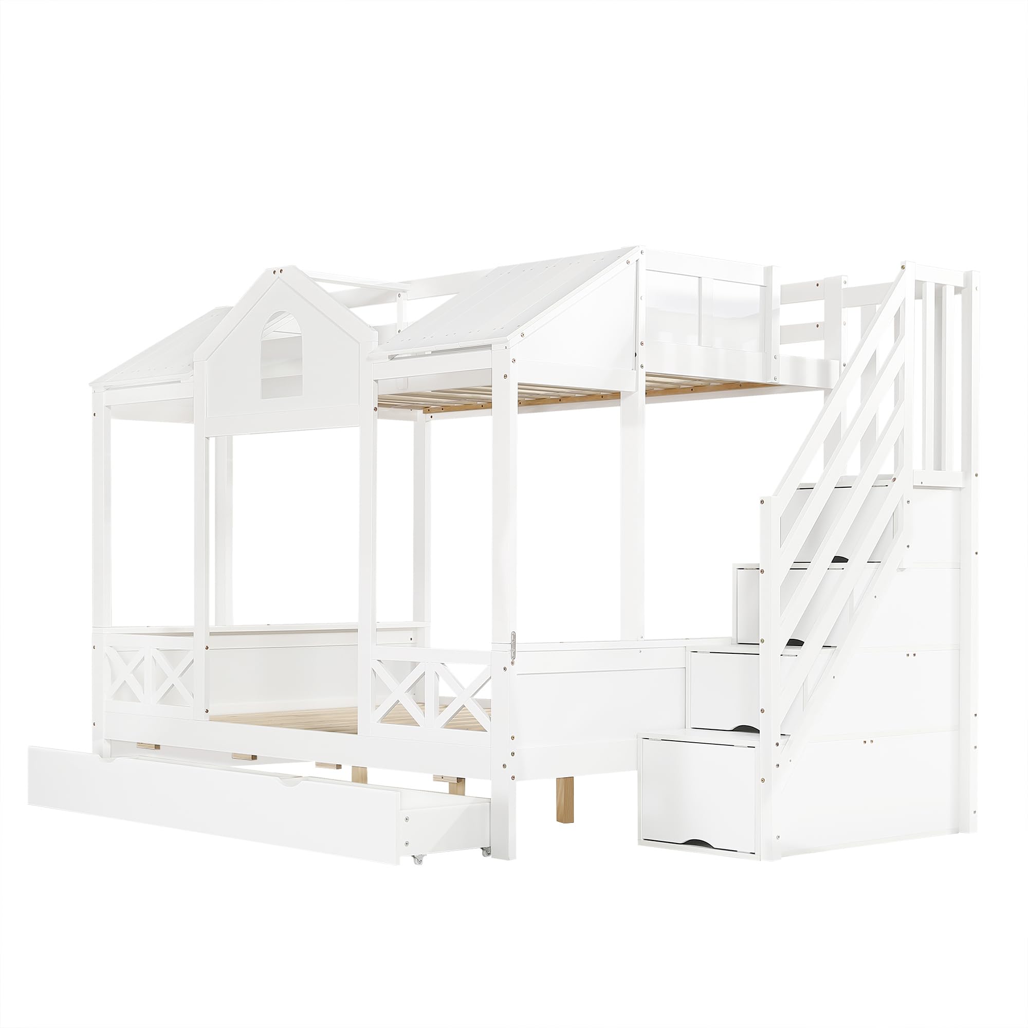 Letto a Castello per Bambini 90x200cm e 140x200cm, Letto Matrimoniale con Scala Contenitore e 2 Cassetti, Belle Finestre e Tetto, Strutture letto in Pino, Bianco(Senza materasso)