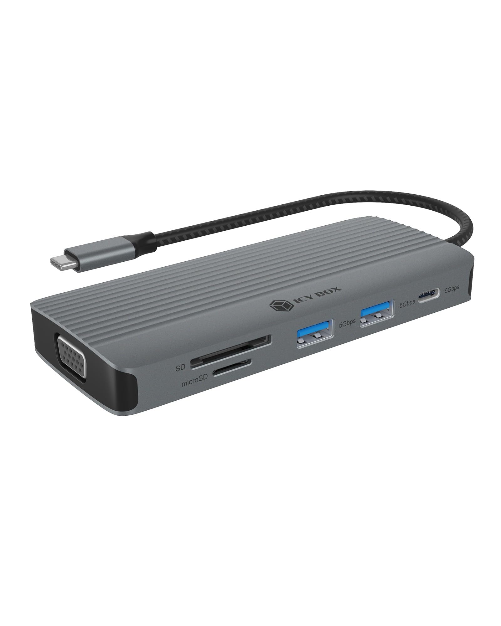 ICY Box Station d'accueil USB-C (10-en-1) avec 1x HDMI (4K 60 Hz), 1x VGA (2K 60 Hz), 3X USB-A, 1x USB-C, Lecteur de Cartes SD/microSD, Ethernet Gigabit, Power Delivery 100 W, IB-DK4040a-CPD
