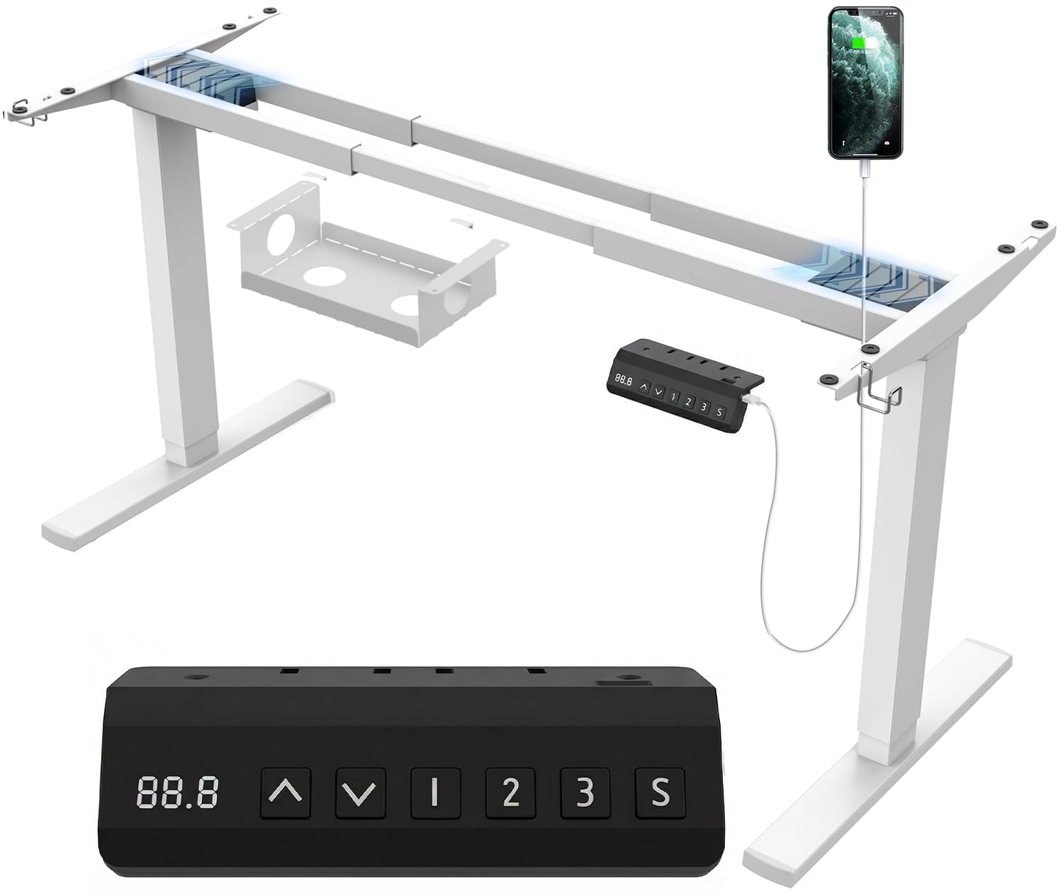 JUMMICO Dual-Motor Tischgestell Höhenverstellbar mit USB-Buchse und Kabelwanne, Elektrisch Höhenverstellbarer Schreibtisch Gestell mit Sitz-Steh-Erinnerungs und Rollen Wolkenweiß