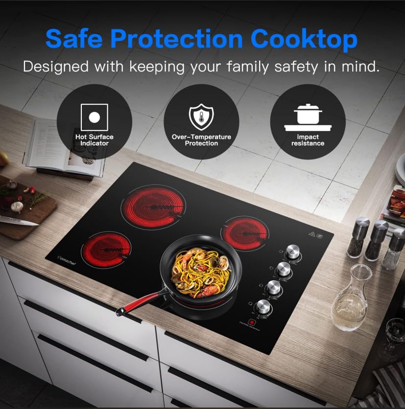 AMZCHEF 30 Inch Electric Cooktop, Built-in with 4 Burners Max 7000W with ETL Safety Certified, 30" Glass Ceramic Cook Top,Knob control, Hot Surface Indicator,220V - 240V Hard Wire, No Plug