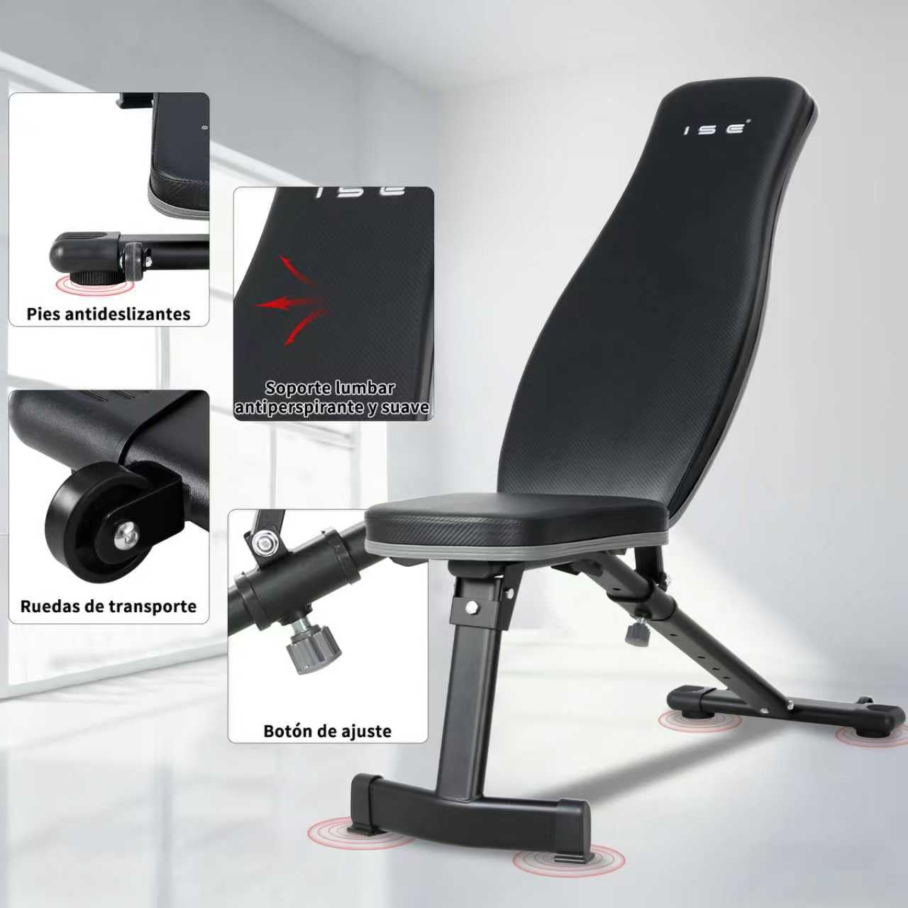 ISE Banco de Pesas Musculación Ajustable Plegable Multifuncional Inclinable Reclinable, Banco de Peso Plano Declinado Inclinado Abdominales para Fitness Entrenamiento Profesional con Respaldo