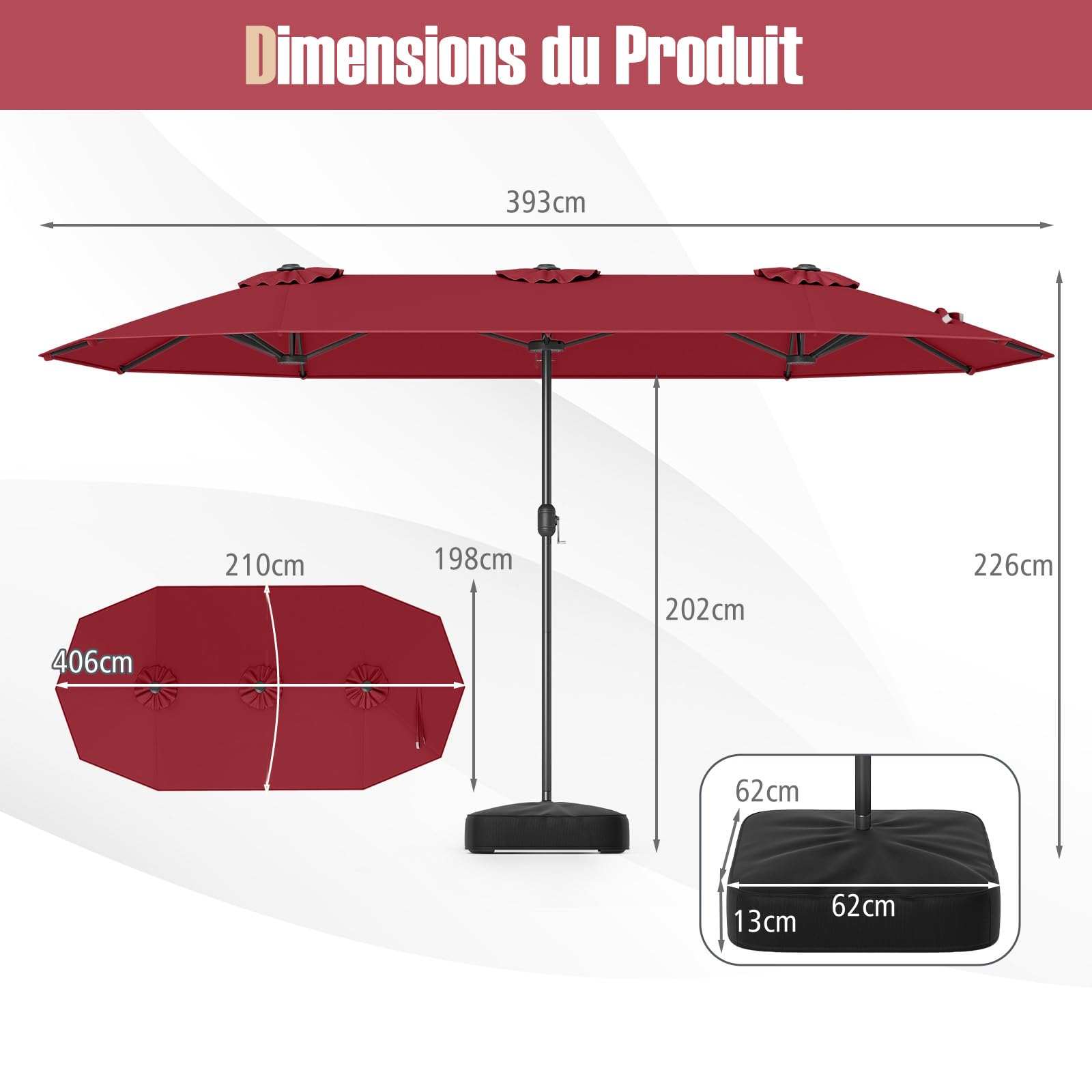 RELAX4LIFE Grand Parasol de Jardin Extérieur avec Pied | Parasol Double Terrasse à 12 Baleines | Manivelle | Polyester Résistant | Verrou de Sécurité | Protection UV pour Piscine Patio Marché,Bordeaux