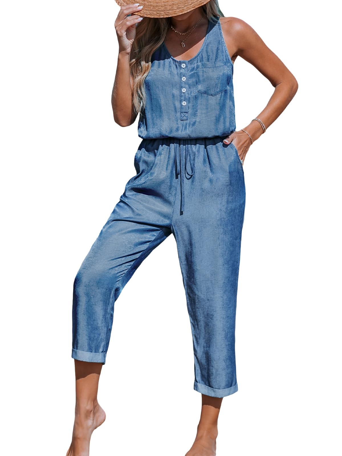 CUPSHE Combinaison pour femme avec col rond sans manches boutonnée à la taille et jambes longues et larges avec poches