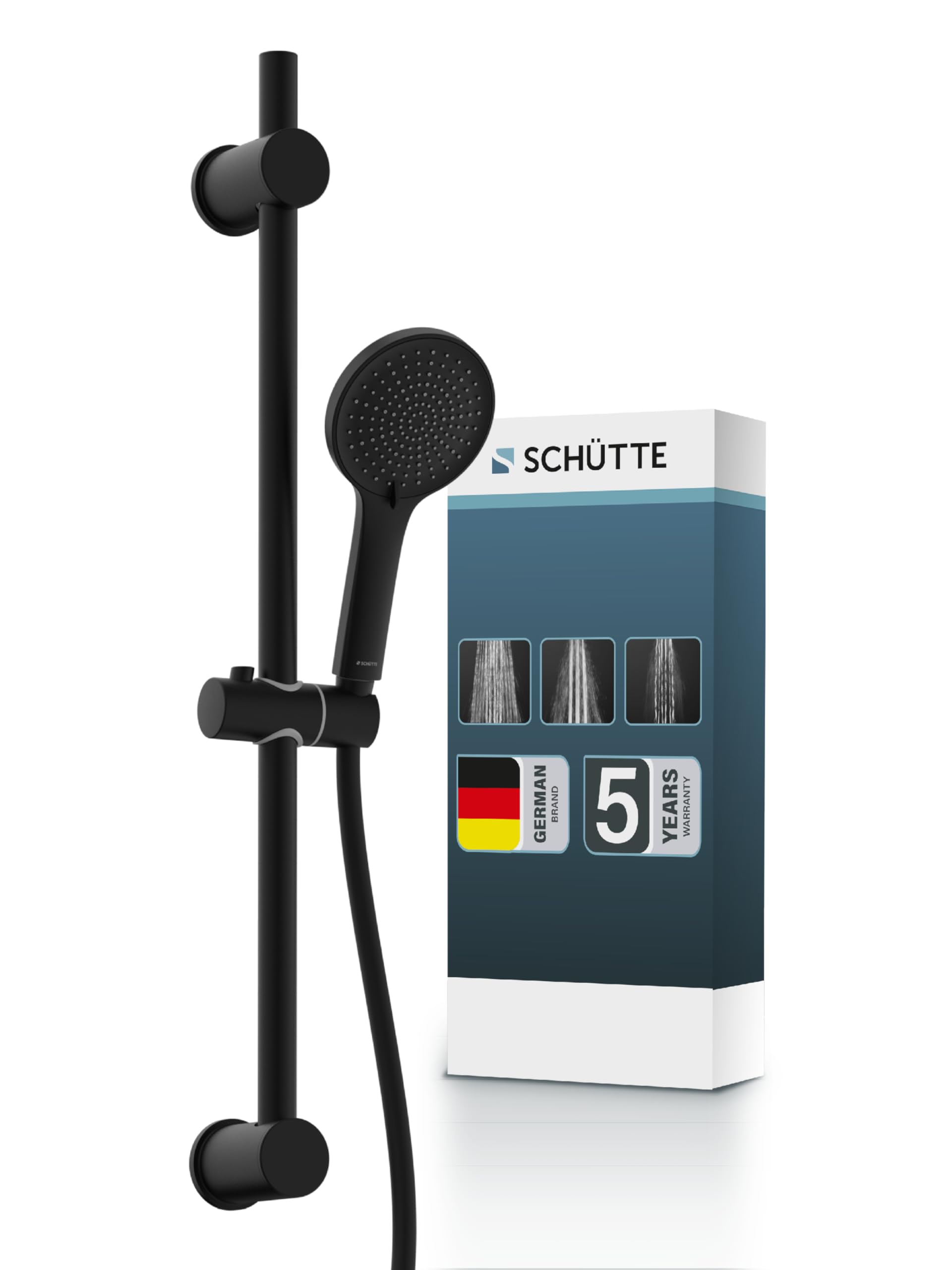 SCHÜTTE RAVEN Duschstange und Handbrause | Duschbrause mit 3-fach verstellbarem Duschkopf | Brauseset mit Duschsäule | Regendusche Duschpaneel mit Schlauch | Schwarz