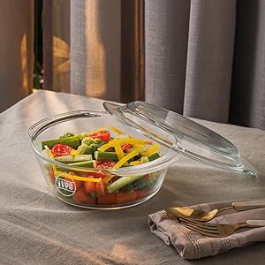 Borosilicate Glass Casserole by iveo, Microwave Safe Cook Serve Stotre Casserole Bake Mate | for Cooking Rice, Curry, Cake, Delious Bakery Food | With Lid | 1.0 L, Round, 1 Pc, Clear