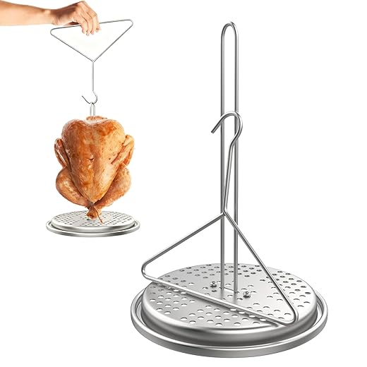 Perforated Turkey Chicken Poultry Deep Fryer Accessory Kit with Wire Handle Lifter Hook Vertical Roaster Holder Base