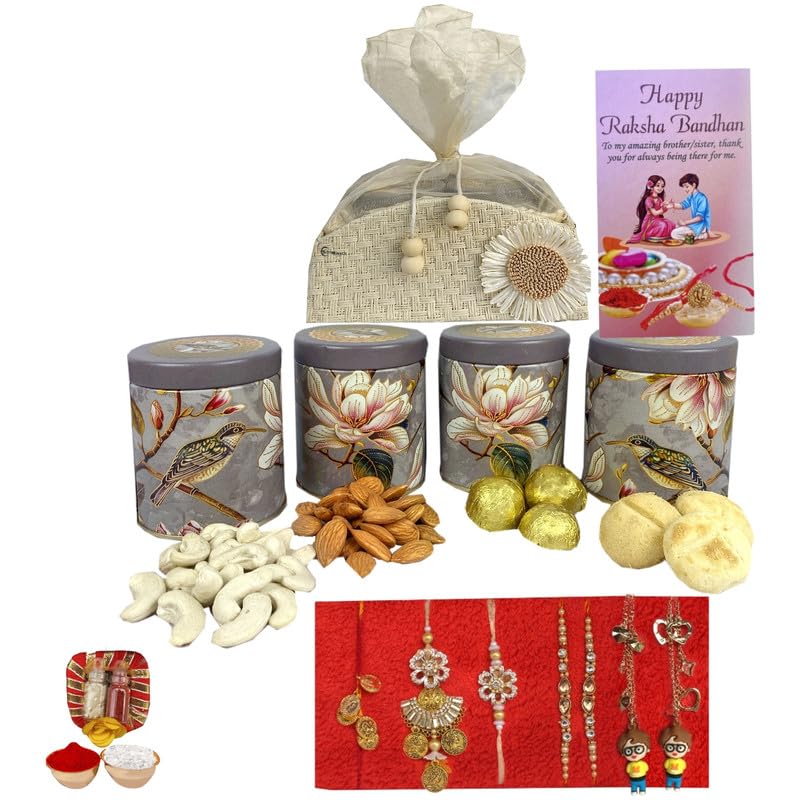 Image of NUTRI MIRACLE Rakhi and Chocolate Hamper with Dry Fruits Jar, Tilak Thali and Festive Greeting Card for Brother