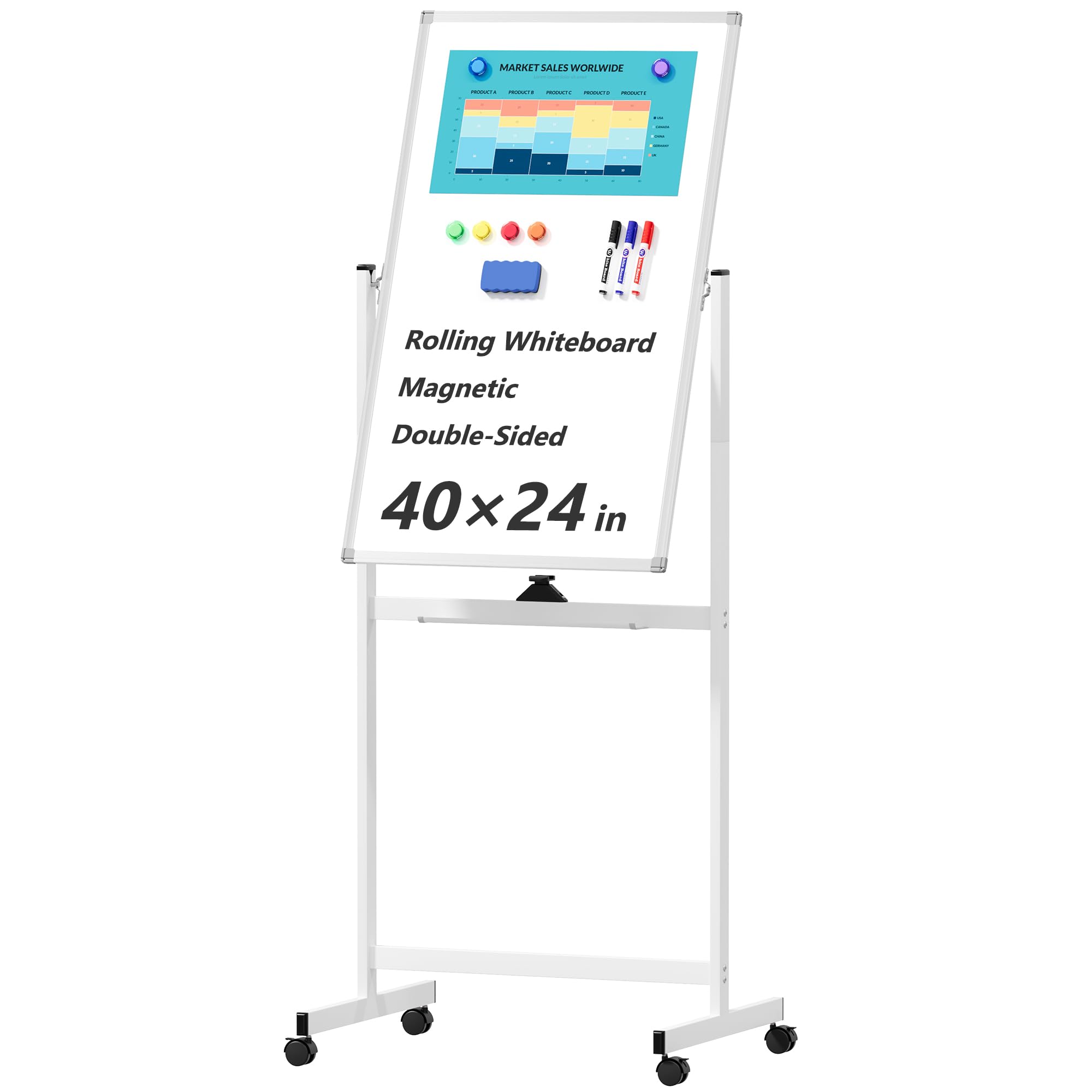 Neatsure Rolling Whiteboard on Wheels, 40" x 24" Double-Sided Mobile Magnetic White Board with Stand, Portable Standing Dry Erase Board Easel for Home Office Classroom School, Silver-image-24