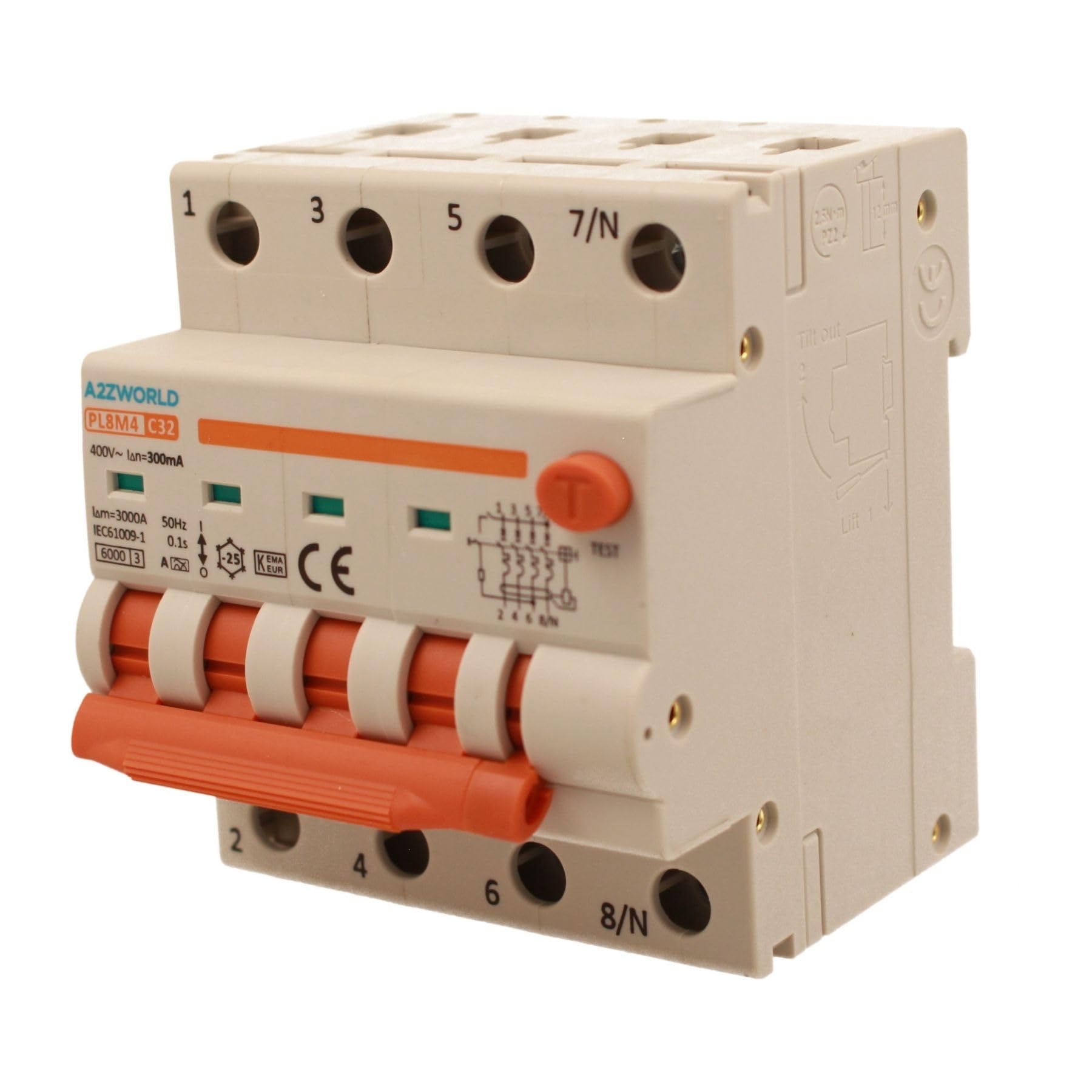 Interrupteur différentiel magnétothermique triphasé 380 V type A 300 mA 32 A C32, 4P véritable (NO 3P+N), courbe C 6 kA, double levier avec diagnostic visuel, 4 modules DIN, série PL8M4