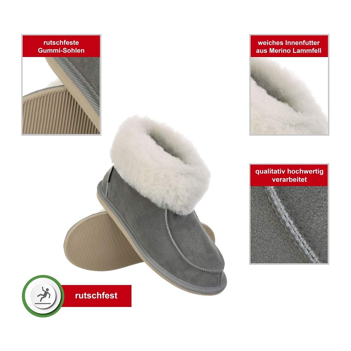 Hollert Damen & Herren Lammfell Hausschuhe ZUGSPITZE GRAU 100% Merino Schaffell für Wohlgefühl - warm, atmungsaktiv