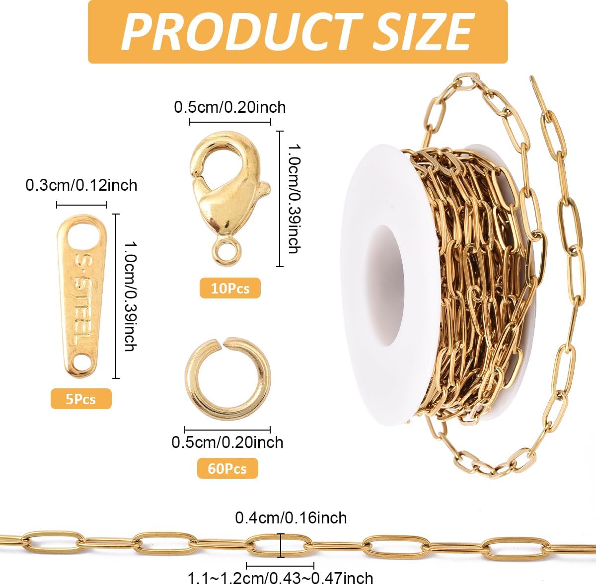 Echoed Elegance 304 Stainless Steel Paperclip Chain (4mm Wide, 5m), Jewelry Supplies Kit with Lobster Clasps, Jump Rings for Charm Bracelet Necklace Making (18K Gold Plated) image 2