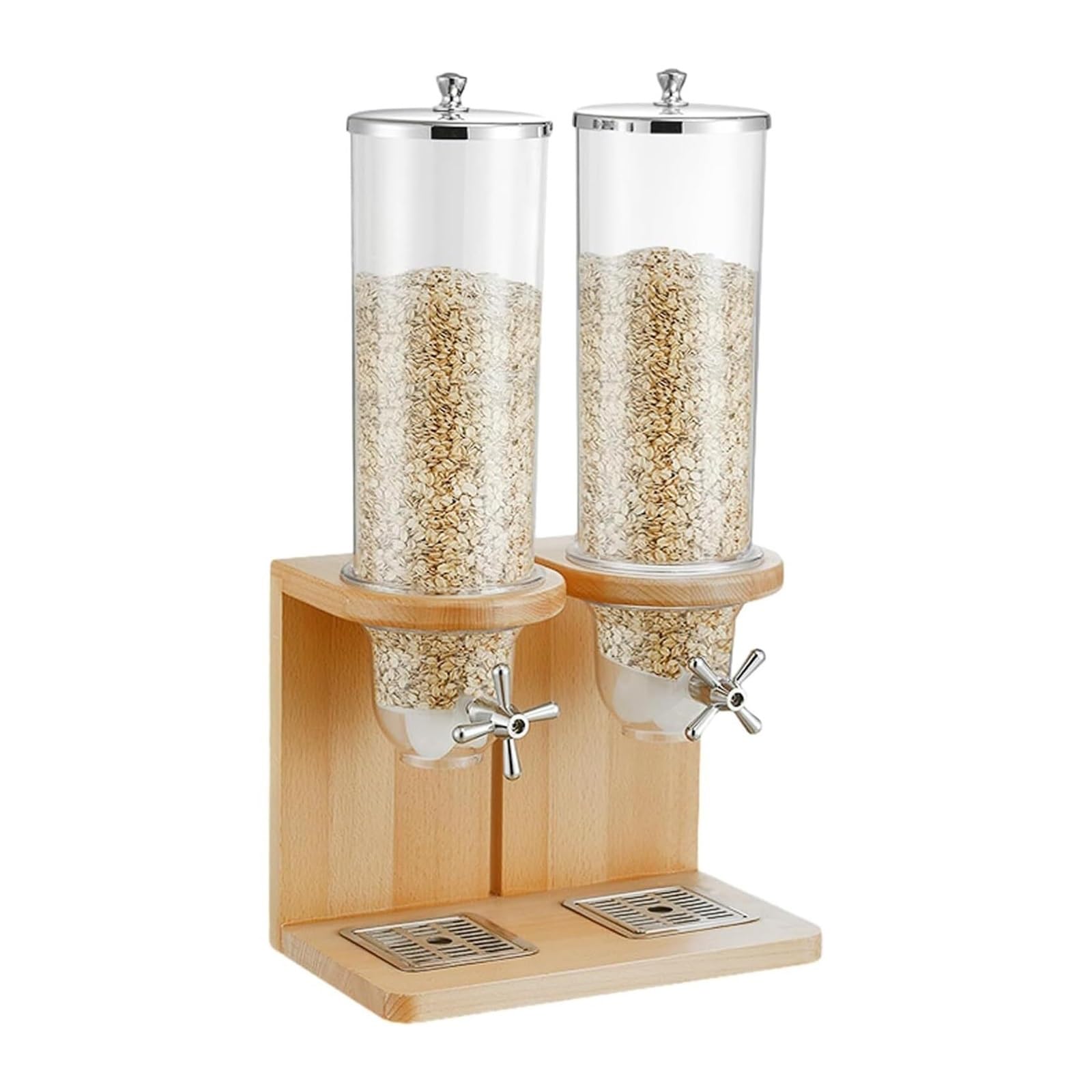 3.5L/7L/10.5L Dry Food Dispenser, Triple-Head Cereal Storage Container with PC Barrel and Wood Base for Rice, Candy, Beans, and Nuts(Double head)