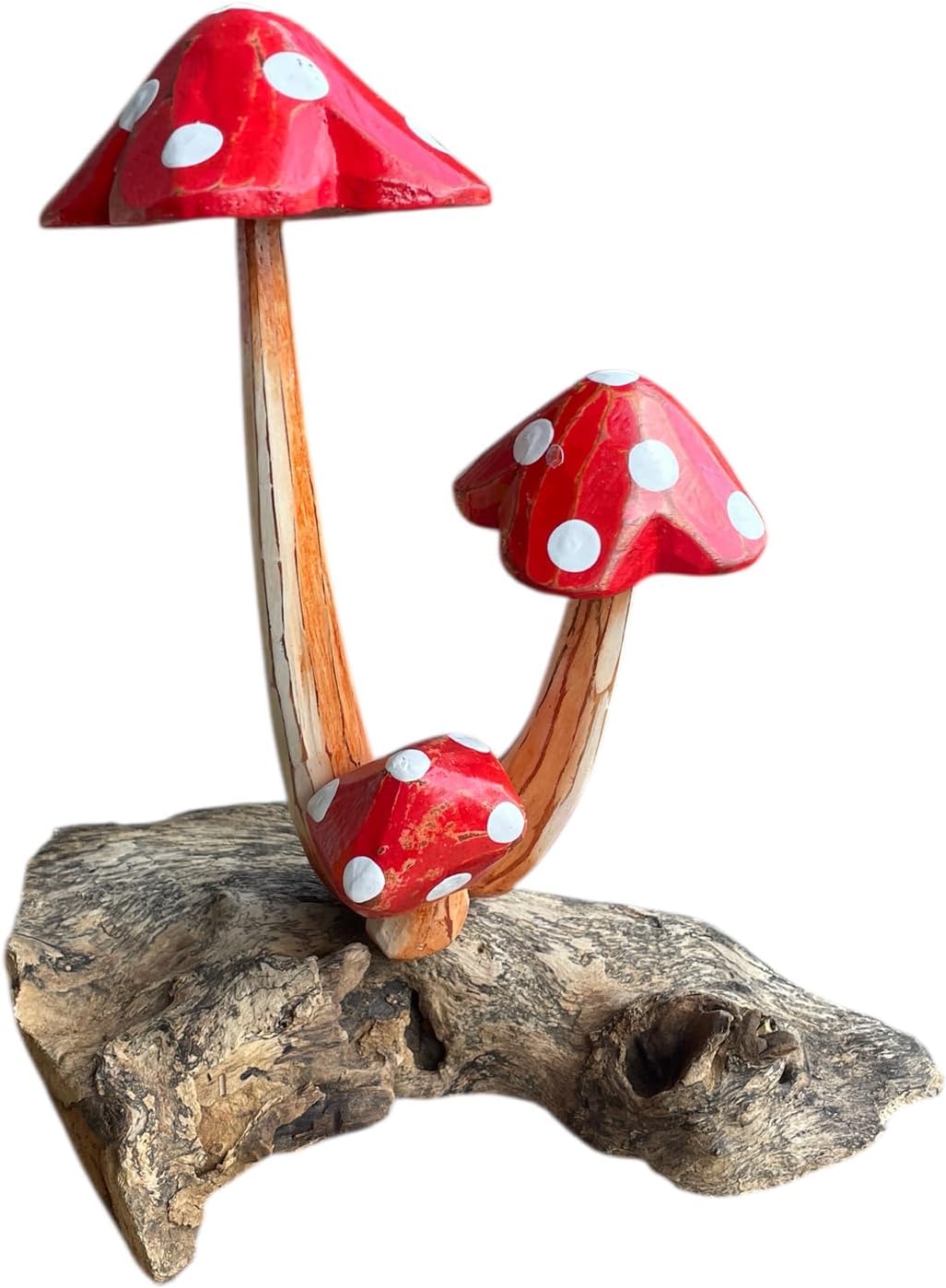 OMA Red Mushroom Driftwood Sculpture Figurine - Hand Crafted Whimsical Home Décor Accent for Shelf, Mantel, or Garden Display