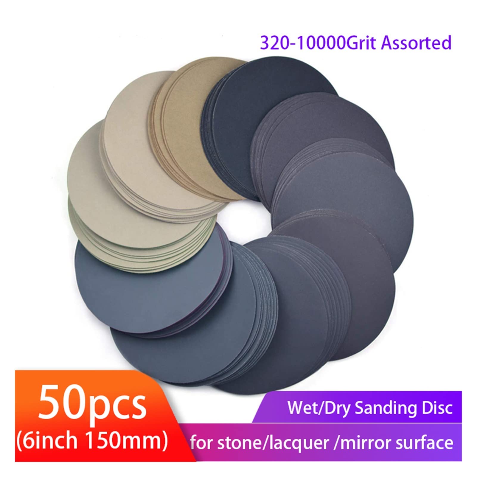 Papel de Lija Hoja de Papel de Lija de 6 Pulgadas 150 mm Impermeable Papel de Lija Gancho y Anillo Papel de Lija 320-10000 Grit Surtido Seco/Húmedo Pulido 50 Hojas