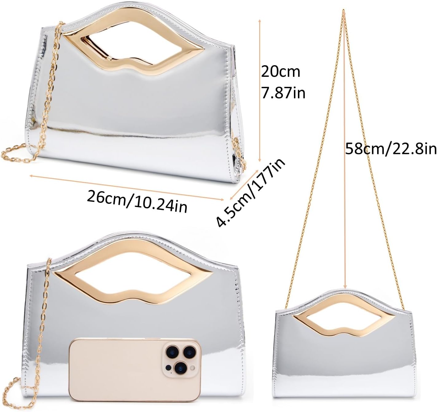 DETARA Patent Leather Evening Clutch Purse for Women Lip Metal Grip Handle Handbag for Cocktail Party Prom