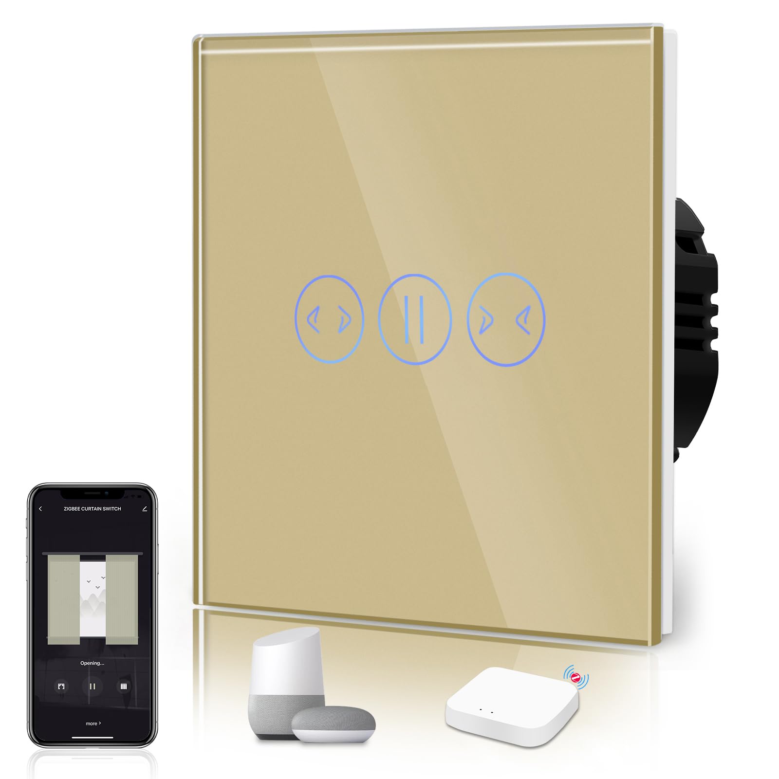 BSEED Zigbee Curtain Switch,Glass Touch Panel,LED Lights,Work with Alexa/Smart Life App Control,Neutral Wire Required,Zigbee Cortinas1 Gang 1 Way,86mm Gold — image 1