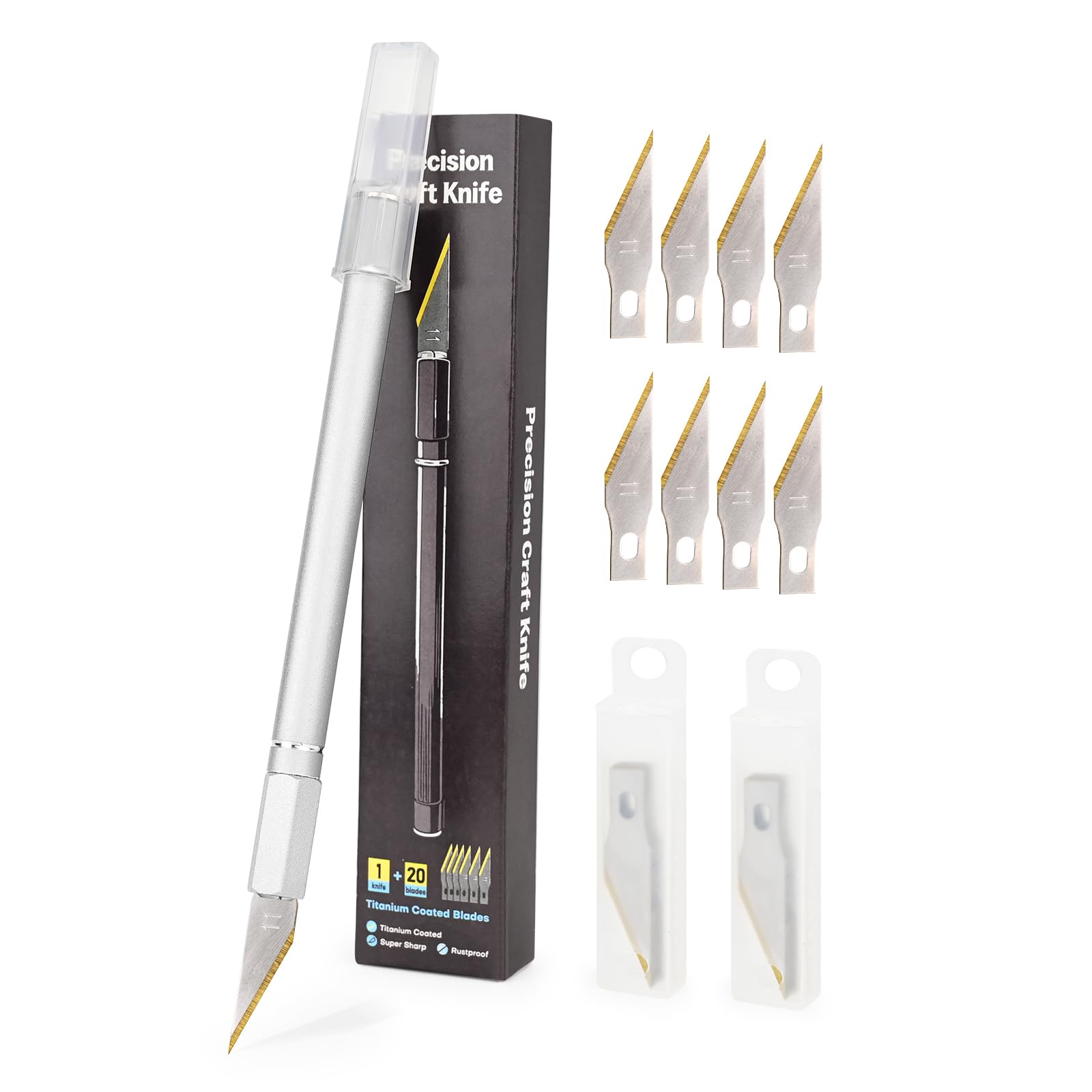 EHDIS Cutter de Precision con 20 Cuchillas de Titanio, Mango de Aleación de Aluminio, Bisturi Manualidades con Cola Magnética, para Tallar, Cortar, Película para Ventanas, Dorado