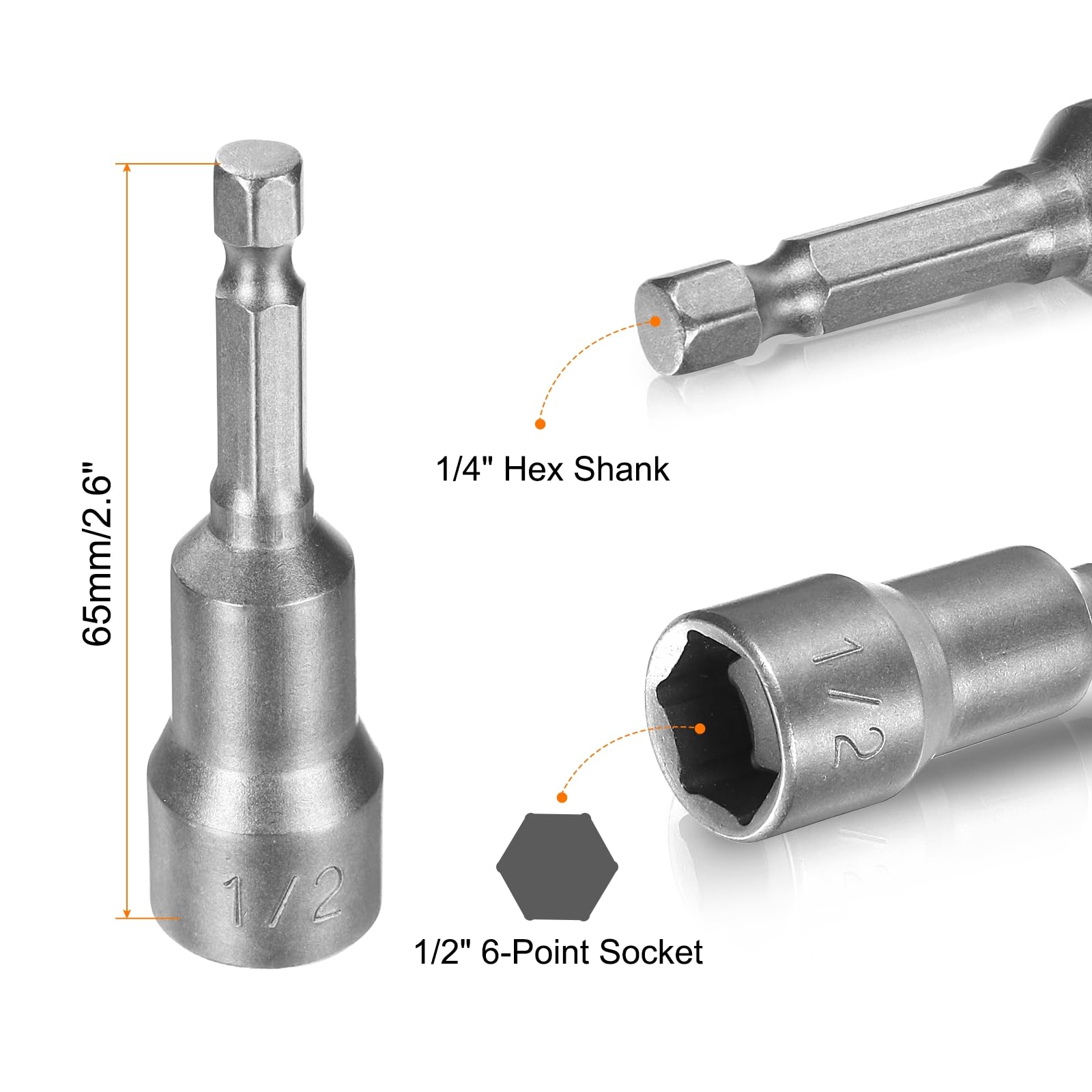 HARFINGTON 10 brocas hexagonales de 1/2 pulgada, 6 puntos, 1/4 pulgadas, tuerca de acero CR-V de cambio rápido para taladros eléctricos, destornilladores de impacto, tono plateado