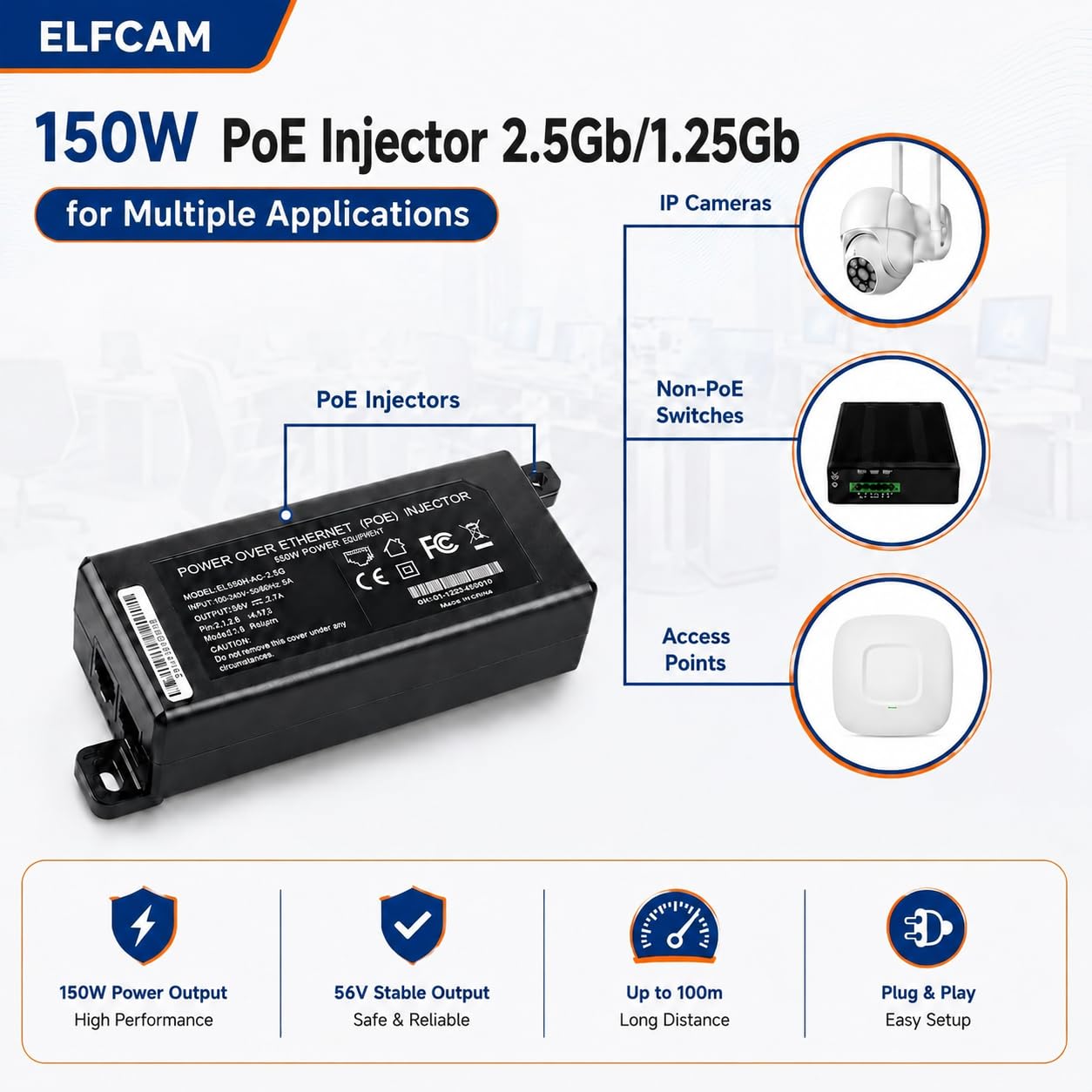 Elfcam - 150W PoE Injecteur 2,5Gb/1,25Gb pour Starlink Gen 3 et Gen 2, Passive PoE Injector avec Protection Contre Les Surtensions 3KV, Play & Plug, Entrée 100-240V AC et Sortie 150W 48V-56V