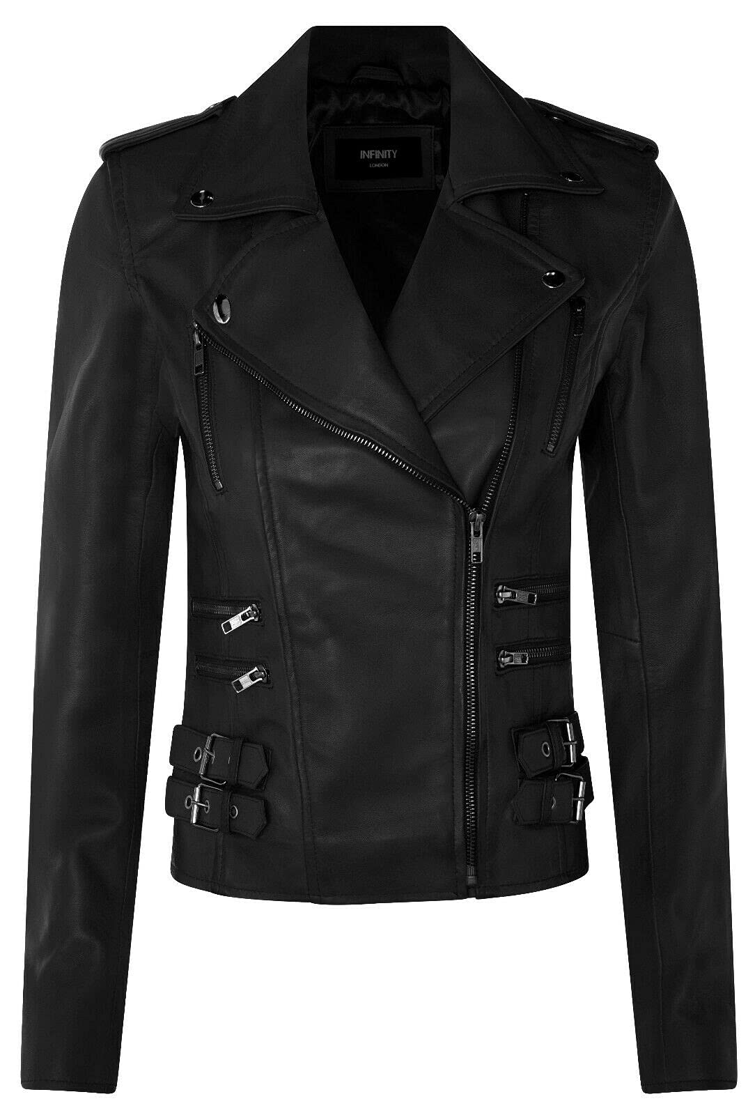 Infinity Leather Women's Jet Black Leather Vintage Brando Biker Jacket-Orlando In | Size: 18