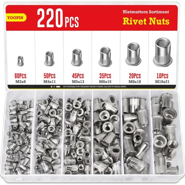 YOOPIN 220PCS Rivnut Kit, Stainless Steel Rivnut, M3 M4 M5 M6 M8 M10 Sliver Rivet Nut, Flat Head Threaded Rivet Nuts for Metal Sheets, Electrical Appliances and Industrial Products