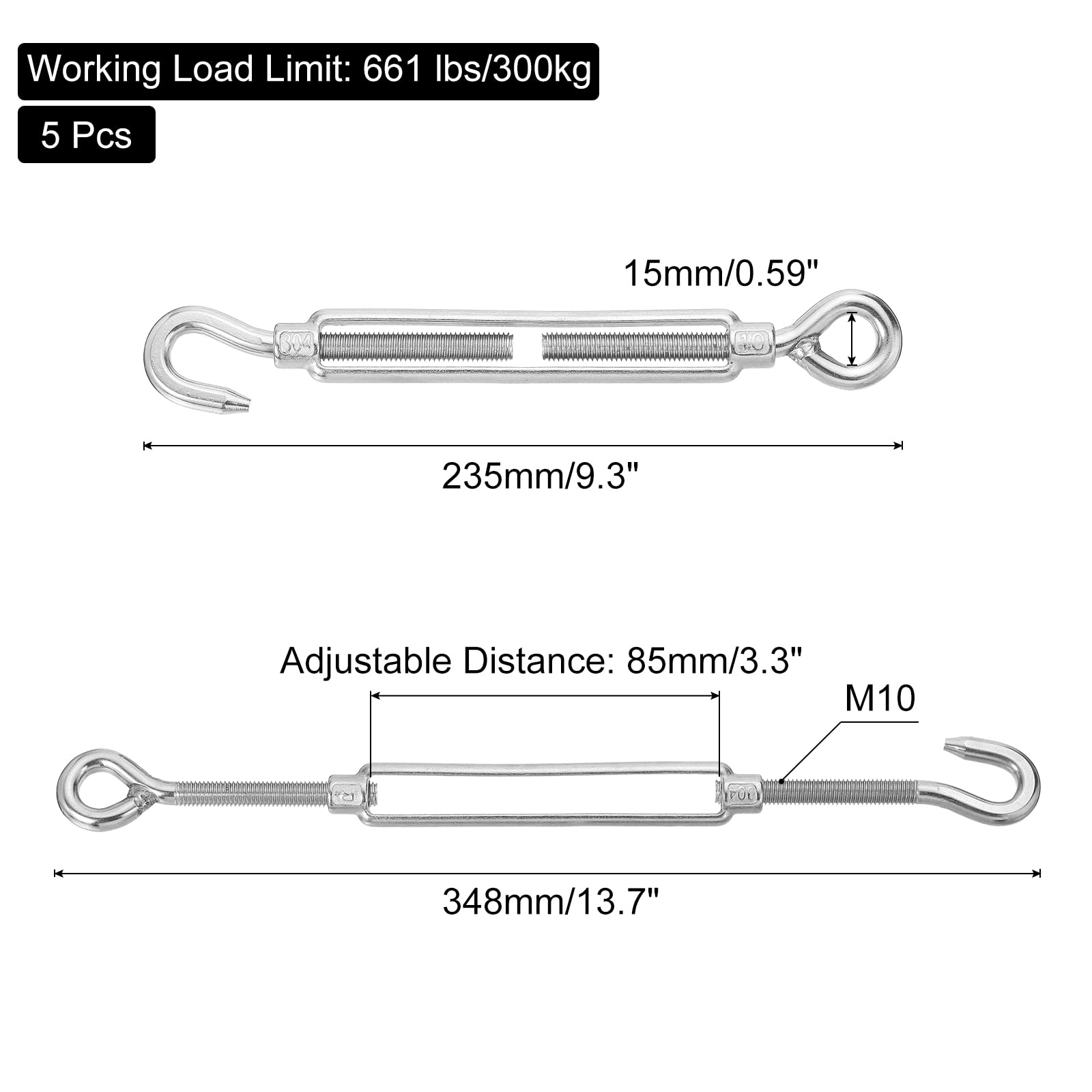 sourcing map Tenditori M10 con gancio e occhiello per tensione di funi metalliche, in acciaio inossidabile 304, regolabile, per tende da appendere, confezione da 5