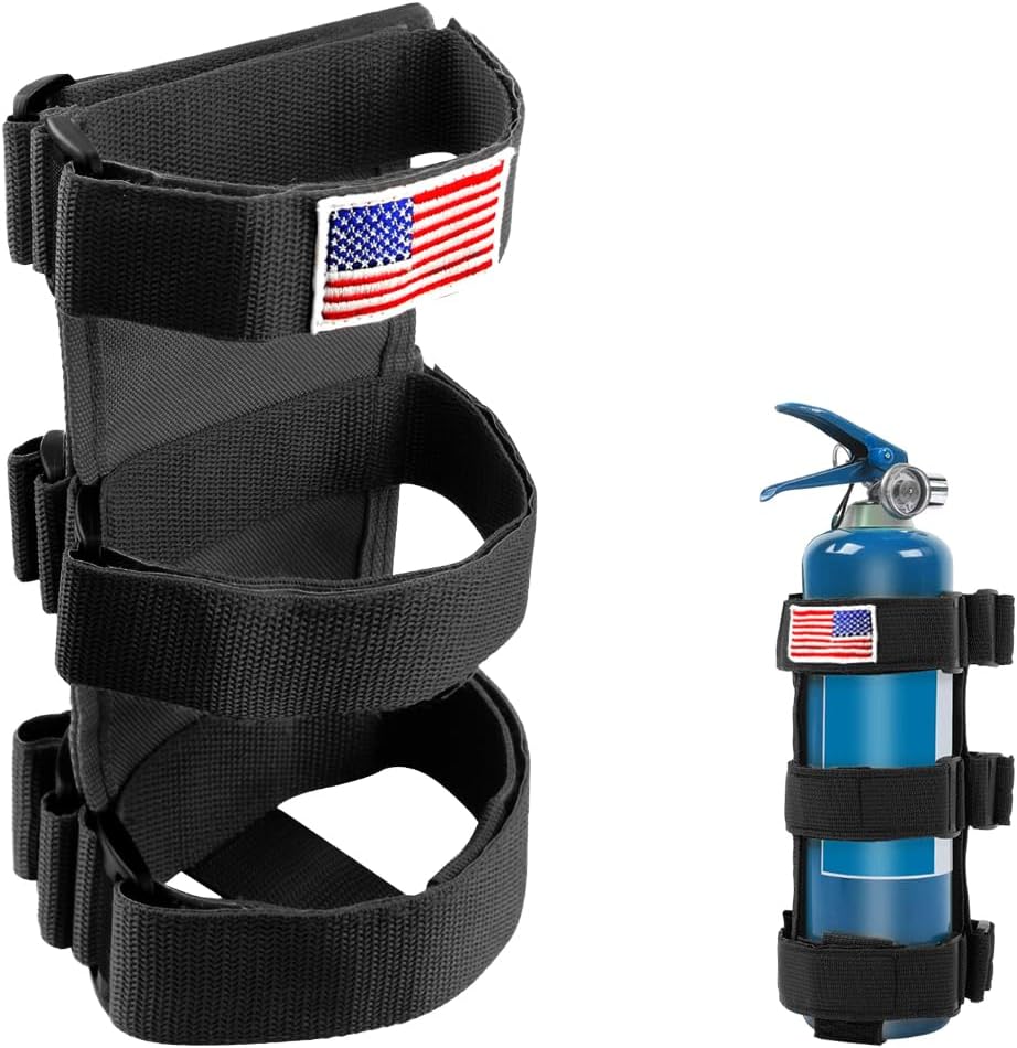 Roll Bar Fire Extinguisher Holder, Adjustable Extinguisher Fixed Belt Holder with American Flag Pattern, Padded Roll Bar Extinguisher Strap Brackets Mount for Cars Trucks (Black)