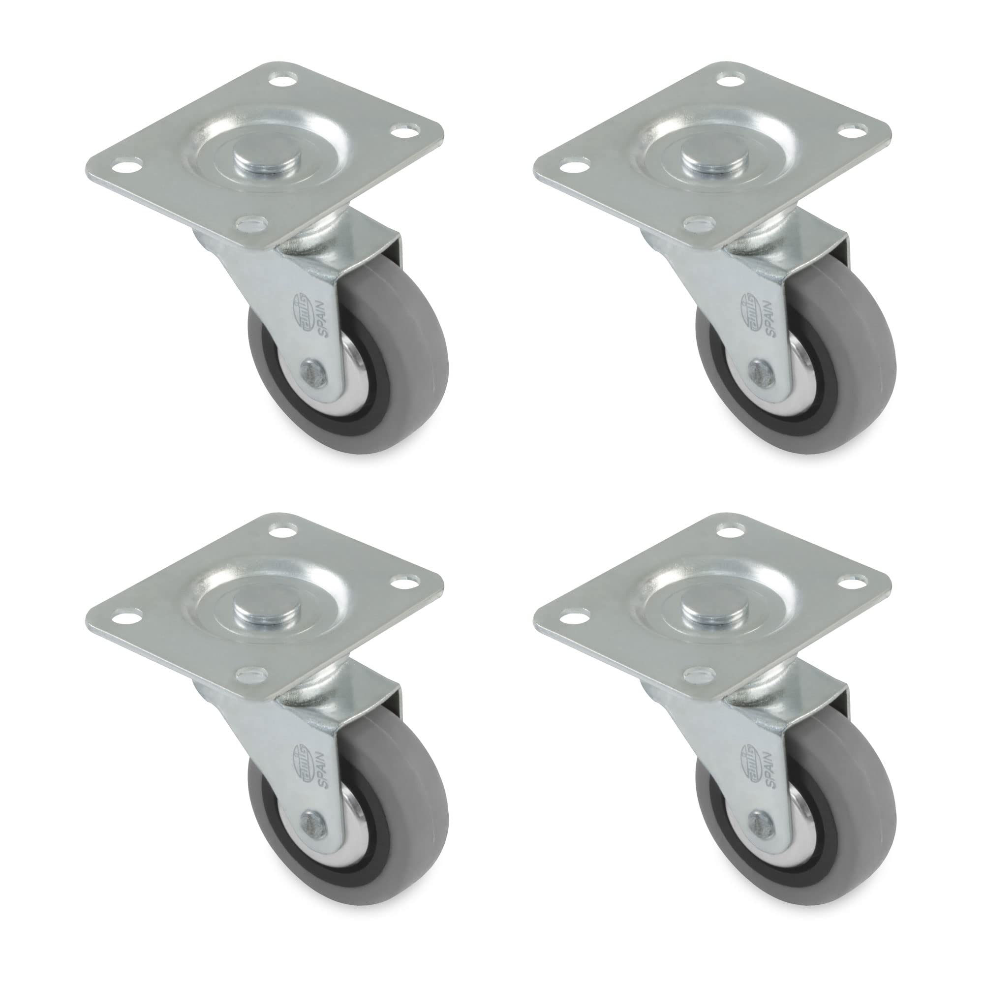 Amig - Pack of 4 Furniture Castors Model 2502 with Plate and Bearings | Diameter: 30 mm | Maximum Load per Castor: 15 kg | Made of Rubber | Colour: Grey | Without Brake